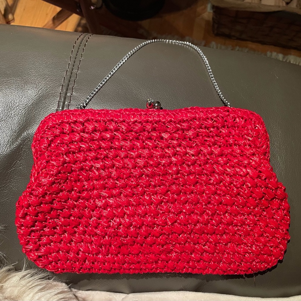 Vibrant Red Woven Clutch with Chain Strap